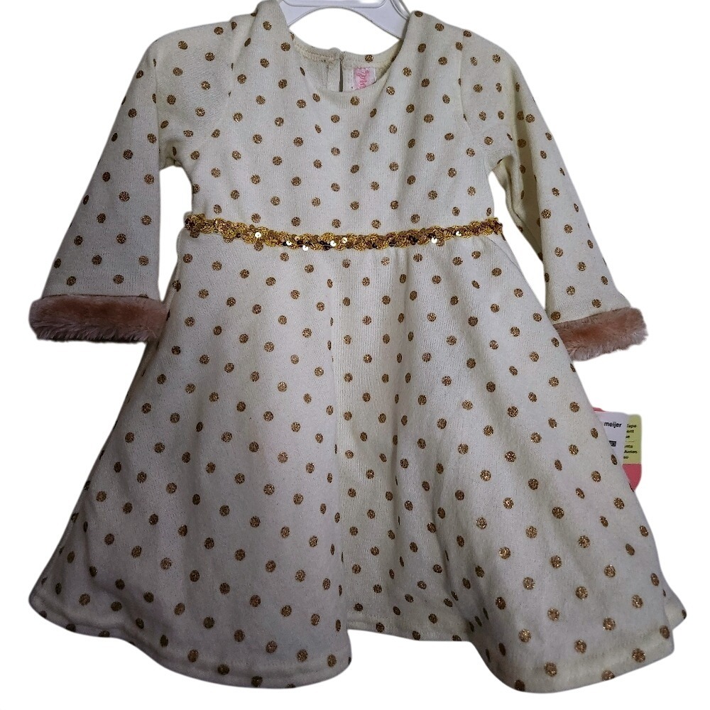 Youngland Girls Dress Cream Gold Polka‎ Dot Sequin Belt Faux Fur Cuff Holiday 2t